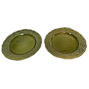 2 MCM Vtg Canonsburg Ironstone Pottery Regency Green  10 in Dinner Plates